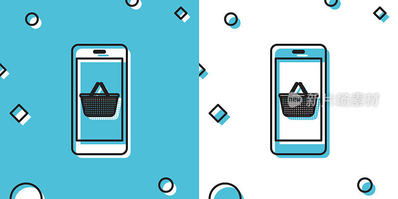 Black Mobile phone and shopping basket icon isolated on blue and white background. Online buying symbol. Supermarket basket symbol. Random dynamic shapes. Vector Illustration